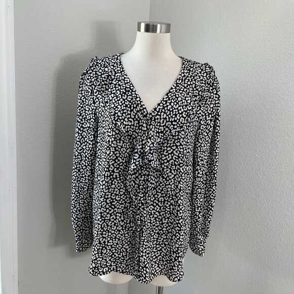 Ann Taylor Womens Large Long Sleeve Ruffle Front Blouse Animal Print Shirt Top - Picture 1 of 10